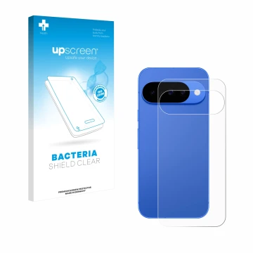 Vorderseite einer Produktverpackung mit dem Markenlogo upscreen. Daneben ist das Gerät Google Pixel 10 (Rückseite) mit dem zug