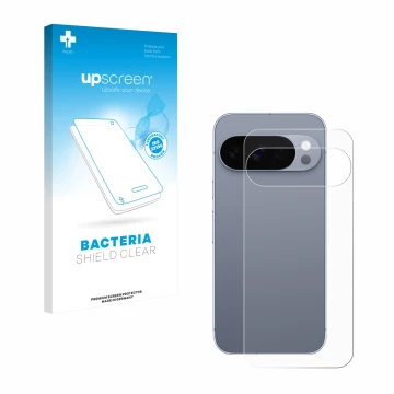 Vorderseite einer Produktverpackung mit dem Markenlogo upscreen. Daneben ist das Gerät Google Pixel 10 Pro (Rückseite) mit dem