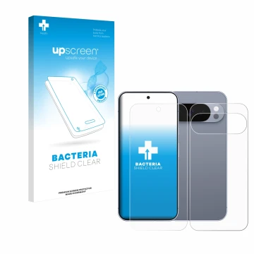 Vorderseite einer Produktverpackung mit dem Markenlogo upscreen. Daneben ist das Gerät Google Pixel 10 Pro (Display+Rückseite)