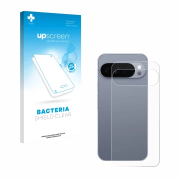 Vorderseite einer Produktverpackung mit dem Markenlogo upscreen. Daneben ist das Gerät Google Pixel 10 Pro XL (Rückseite) mit 