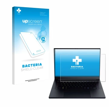 Vorderseite einer Produktverpackung mit dem Markenlogo upscreen. Daneben ist das Gerät Razer Blade 14 2025 mit dem zugehörigen