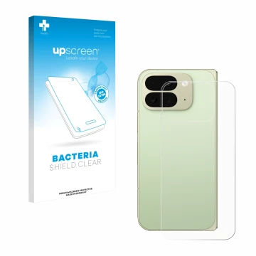 Vorderseite einer Produktverpackung mit dem Markenlogo upscreen. Daneben ist das Gerät Google Pixel 10 Pro Fold (Rückseite) mi