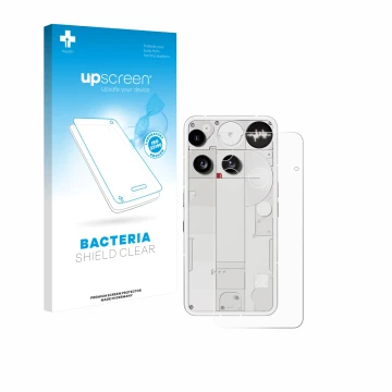 Vorderseite einer Produktverpackung mit dem Markenlogo upscreen. Daneben ist das Gerät Nothing Phone (3) (Rückseite) mit dem z