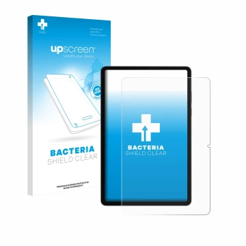 Vorderseite einer Produktverpackung mit dem Markenlogo upscreen. Daneben ist das Gerät Samsung Galaxy Tab S11 (Hochformat) mit