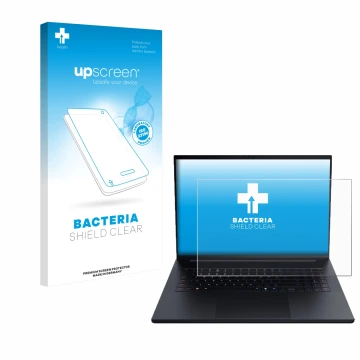 Vorderseite einer Produktverpackung mit dem Markenlogo upscreen. Daneben ist das Gerät Razer Blade 18 2025 mit dem zugehörigen