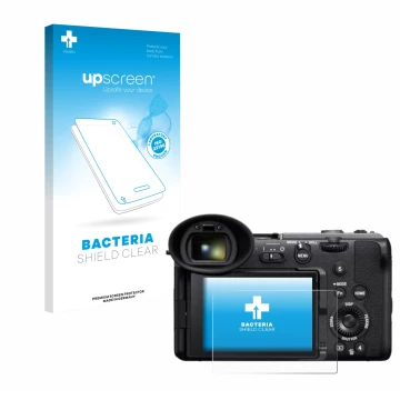 Vorderseite einer Produktverpackung mit dem Markenlogo upscreen. Daneben ist das Gerät Sony Cinema Line FX2 mit dem zugehörige