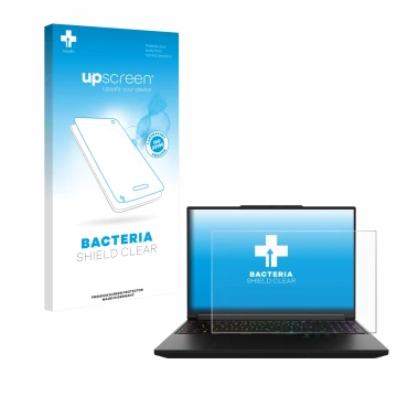 Vorderseite einer Produktverpackung mit dem Markenlogo upscreen. Daneben ist das Gerät XMG Pro 16 mit dem zugehörigen Displays