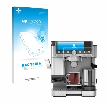 Vorderseite einer Produktverpackung mit dem Markenlogo upscreen. Daneben ist das Gerät Ninja Luxe Cafe Pro ES701EU mit dem zug