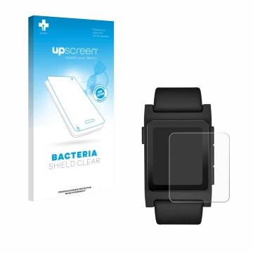 Vorderseite einer Produktverpackung mit dem Markenlogo upscreen. Daneben ist das Gerät Pebble 2 Duo 2025 mit dem zugehörigen D