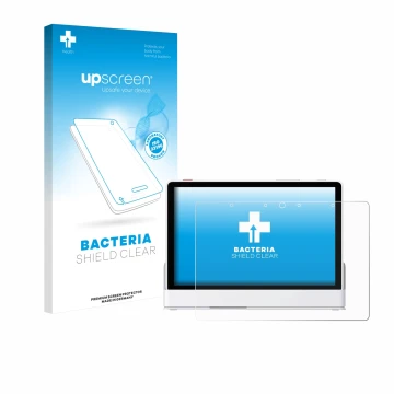 Vorderseite einer Produktverpackung mit dem Markenlogo upscreen. Daneben ist das Gerät eufy Smart Display E10 mit dem zugehöri