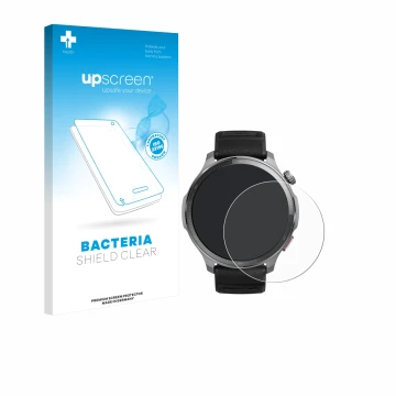 Vorderseite einer Produktverpackung mit dem Markenlogo upscreen. Daneben ist das Gerät Huami Amazfit Balance 2 XT mit dem zuge