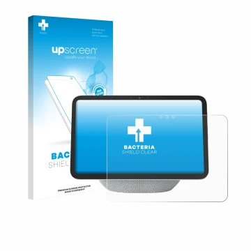 Vorderseite einer Produktverpackung mit dem Markenlogo upscreen. Daneben ist das Gerät Amazon Echo Show 11 2025 mit dem zugehö