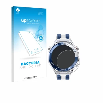 Vorderseite einer Produktverpackung mit dem Markenlogo upscreen. Daneben ist das Gerät Huawei Watch Ultimate 2 Blue mit dem zu