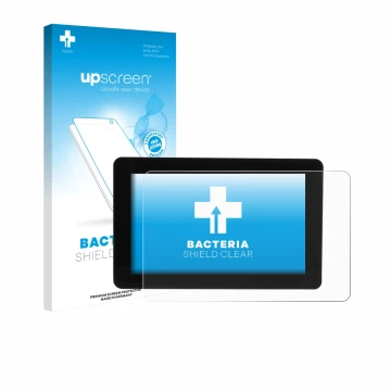 Vorderseite einer Produktverpackung mit dem Markenlogo upscreen. Daneben ist das Gerät Raspberry Pi Touch Display 2 mit dem zu