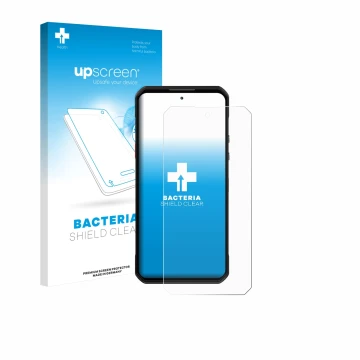 Vorderseite einer Produktverpackung mit dem Markenlogo upscreen. Daneben ist das Gerät Oukitel WP60 mit dem zugehörigen Displa