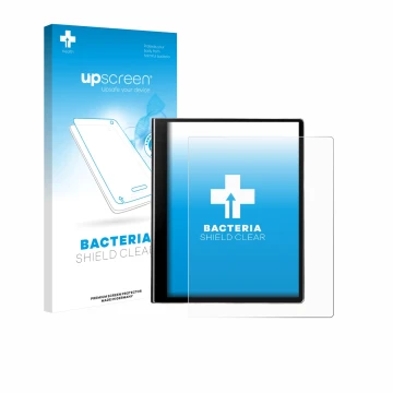 Vorderseite einer Produktverpackung mit dem Markenlogo upscreen. Daneben ist das Gerät eazeye Paper 2.0 mit dem zugehörigen Di