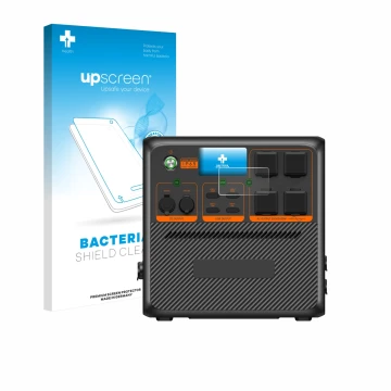 Vorderseite einer Produktverpackung mit dem Markenlogo upscreen. Daneben ist das Gerät Bluetti AC240P mit dem zugehörigen Disp