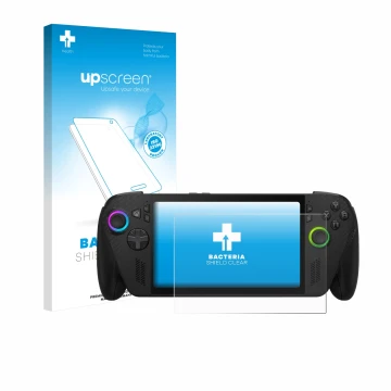 Vorderseite einer Produktverpackung mit dem Markenlogo upscreen. Daneben ist das Gerät ASUS ROG Xbox Ally X mit dem zugehörige