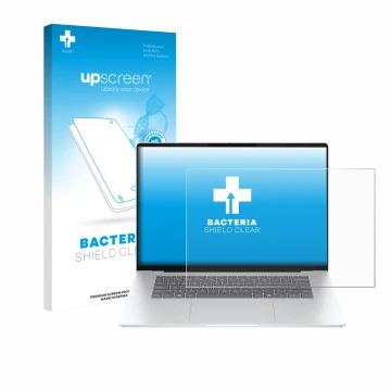 Vorderseite einer Produktverpackung mit dem Markenlogo upscreen. Daneben ist das Gerät HP OmniBook 5 16 mit dem zugehörigen Di