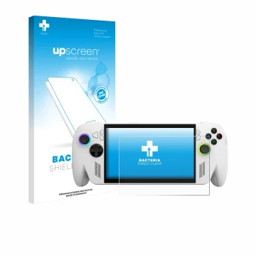 Vorderseite einer Produktverpackung mit dem Markenlogo upscreen. Daneben ist das Gerät ASUS ROG Xbox Ally mit dem zugehörigen 