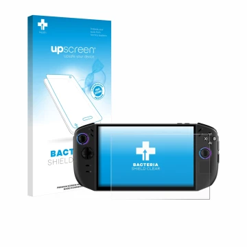 Vorderseite einer Produktverpackung mit dem Markenlogo upscreen. Daneben ist das Gerät Lenovo Legion Go Gen 2 mit dem zugehöri