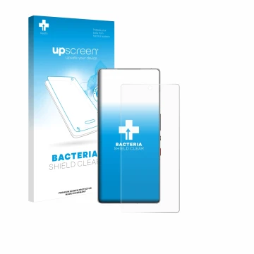 Vorderseite einer Produktverpackung mit dem Markenlogo upscreen. Daneben ist das Gerät ZTE Nubia Red Magic 11 Pro Plus mit dem