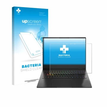 Vorderseite einer Produktverpackung mit dem Markenlogo upscreen. Daneben ist das Gerät HP Omen Transcend 16-u1000nl mit dem zu