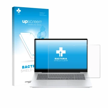 Vorderseite einer Produktverpackung mit dem Markenlogo upscreen. Daneben ist das Gerät HP OmniBook 7 17-dc mit dem zugehörigen