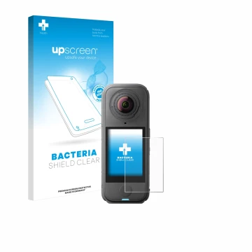 Vorderseite einer Produktverpackung mit dem Markenlogo upscreen. Daneben ist das Gerät Insta360 X4 Air mit dem zugehörigen Dis