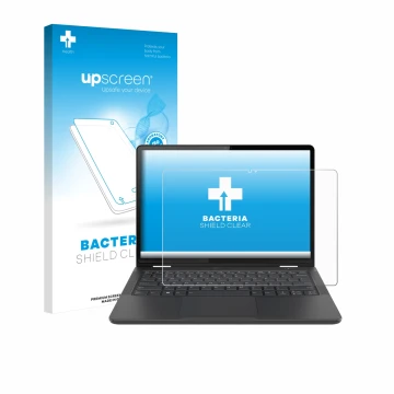 Vorderseite einer Produktverpackung mit dem Markenlogo upscreen. Daneben ist das Gerät Lenovo 13w Yoga Gen 2 mit dem zugehörig