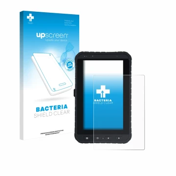 Vorderseite einer Produktverpackung mit dem Markenlogo upscreen. Daneben ist das Gerät Winmate M700DQ8 mit dem zugehörigen Dis