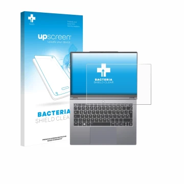Vorderseite einer Produktverpackung mit dem Markenlogo upscreen. Daneben ist das Gerät Tuxedo InfinityBook Pro 14 Gen 10 mit d