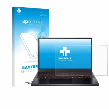 Vorderseite einer Produktverpackung mit dem Markenlogo upscreen. Daneben ist das Gerät Acer Nitro V 15 mit dem zugehörigen Dis