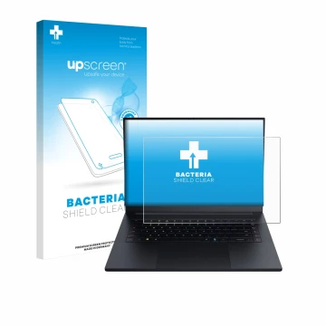 Vorderseite einer Produktverpackung mit dem Markenlogo upscreen. Daneben ist das Gerät Razer Blade 16 2025 mit dem zugehörigen