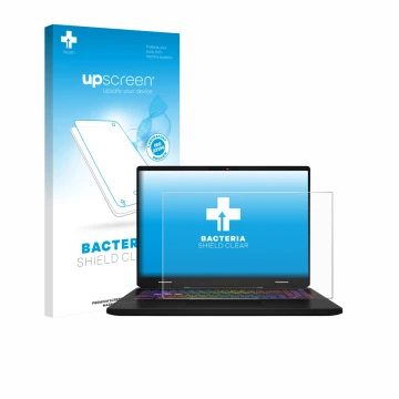 Vorderseite einer Produktverpackung mit dem Markenlogo upscreen. Daneben ist das Gerät MSI Vector 16 HX AI mit dem zugehörigen