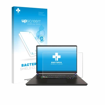 Vorderseite einer Produktverpackung mit dem Markenlogo upscreen. Daneben ist das Gerät MSI Vector 17 HX mit dem zugehörigen Di