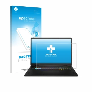 Vorderseite einer Produktverpackung mit dem Markenlogo upscreen. Daneben ist das Gerät MSI Vector A18 HX 2025 mit dem zugehöri