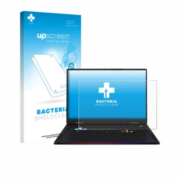 Vorderseite einer Produktverpackung mit dem Markenlogo upscreen. Daneben ist das Gerät MSI Raider 18 HX AI 2025 mit dem zugehö