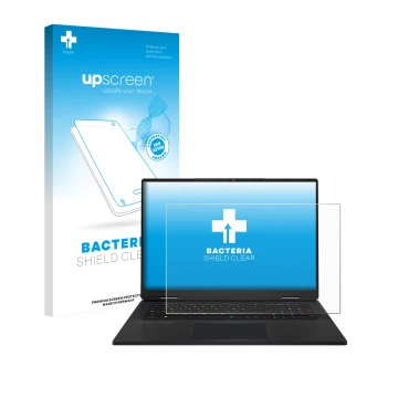 Vorderseite einer Produktverpackung mit dem Markenlogo upscreen. Daneben ist das Gerät MSI Titan 18 HX AI 2025 mit dem zugehör