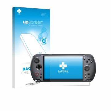 Vorderseite einer Produktverpackung mit dem Markenlogo upscreen. Daneben ist das Gerät GPD Win 5 mit dem zugehörigen Displaysc