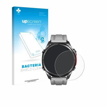 Vorderseite einer Produktverpackung mit dem Markenlogo upscreen. Daneben ist das Gerät Doogee Anywise W1 Pro mit dem zugehörig