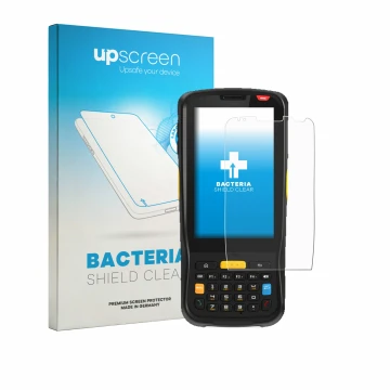 Vorderseite einer Produktverpackung mit dem Markenlogo upscreen. Daneben ist das Gerät Newland MT65 Beluga V mit dem zugehörig