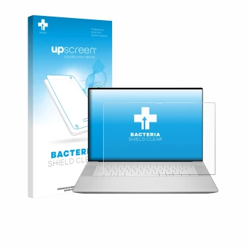 Vorderseite einer Produktverpackung mit dem Markenlogo upscreen. Daneben ist das Gerät Dell 16 Premium Laptop mit dem zugehöri