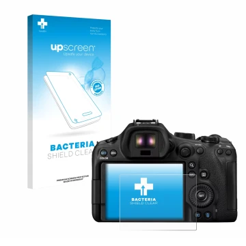 Vorderseite einer Produktverpackung mit dem Markenlogo upscreen. Daneben ist das Gerät Canon EOS R6 Mark III mit dem zugehörig