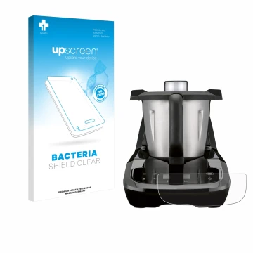 Vorderseite einer Produktverpackung mit dem Markenlogo upscreen. Daneben ist das Gerät SilverCrest Monsieur Cuisine compact mi