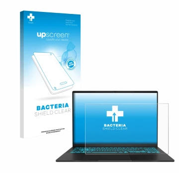 Vorderseite einer Produktverpackung mit dem Markenlogo upscreen. Daneben ist das Gerät ASUS V16 V3607 mit dem zugehörigen Disp