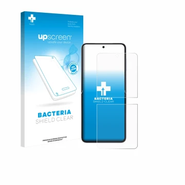 Vorderseite einer Produktverpackung mit dem Markenlogo upscreen. Daneben ist das Gerät Honor Magic V Flip 2 mit dem zugehörige