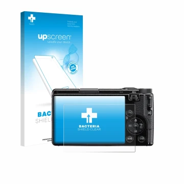 Vorderseite einer Produktverpackung mit dem Markenlogo upscreen. Daneben ist das Gerät Ricoh GR IV HDF 2025 mit dem zugehörige