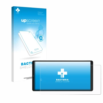 Vorderseite einer Produktverpackung mit dem Markenlogo upscreen. Daneben ist das Gerät Shelly Wall Display X2i mit dem zugehör