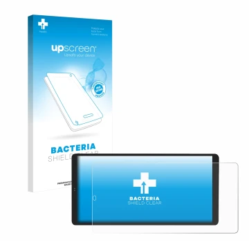 Vorderseite einer Produktverpackung mit dem Markenlogo upscreen. Daneben ist das Gerät Shelly Wall Display X2 mit dem zugehöri